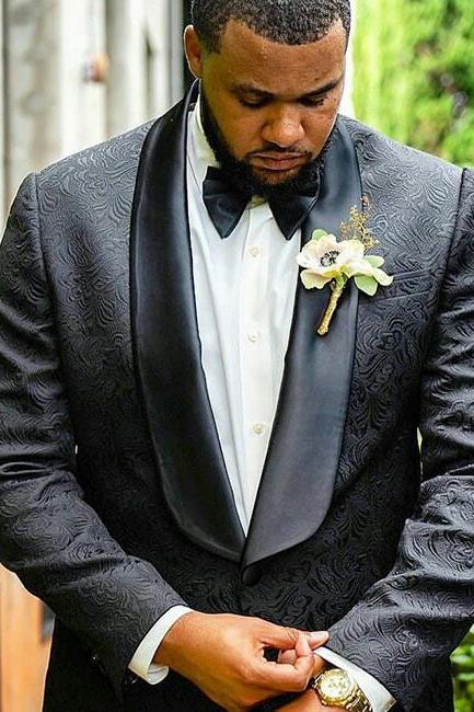 Luxury Black Jacquard Shawl Lapel Wedding Suit For Men-BallBride