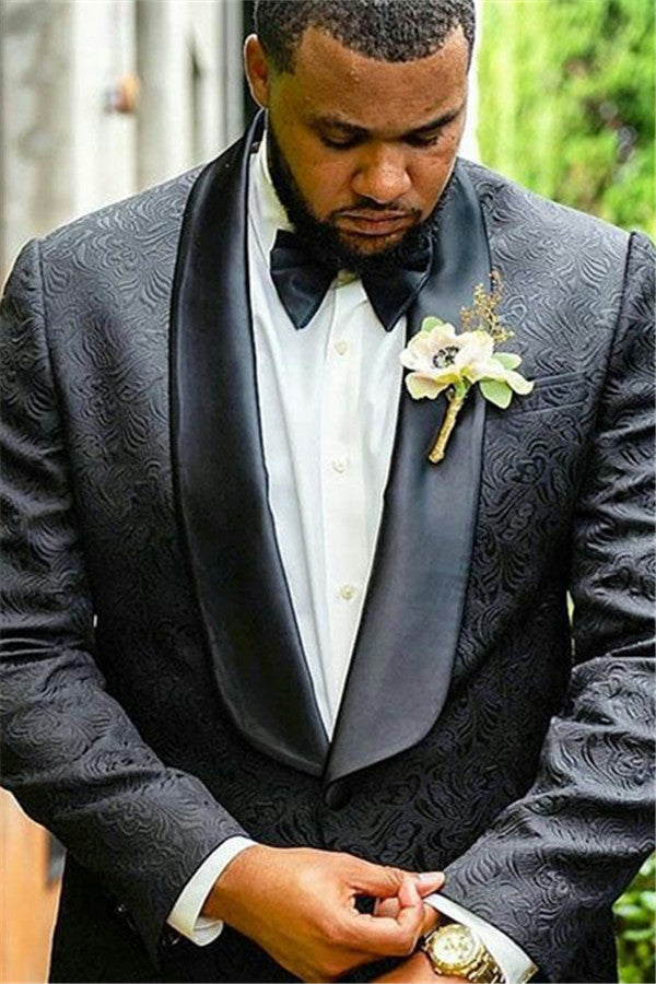 Luxury Black Jacquard Shawl Lapel Wedding Suit For Men-BallBride