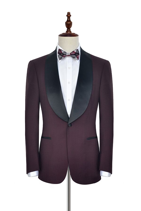Luxury Black Shawl Collar One Button Burgundy Wedding Suit for Men-BallBride