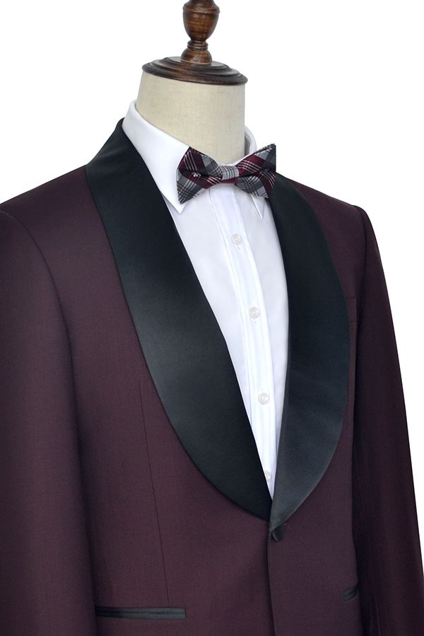 Luxury Black Shawl Collar One Button Burgundy Wedding Suit for Men-BallBride
