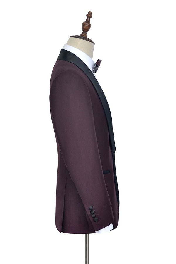 Luxury Black Shawl Collar One Button Burgundy Wedding Suit for Men-BallBride
