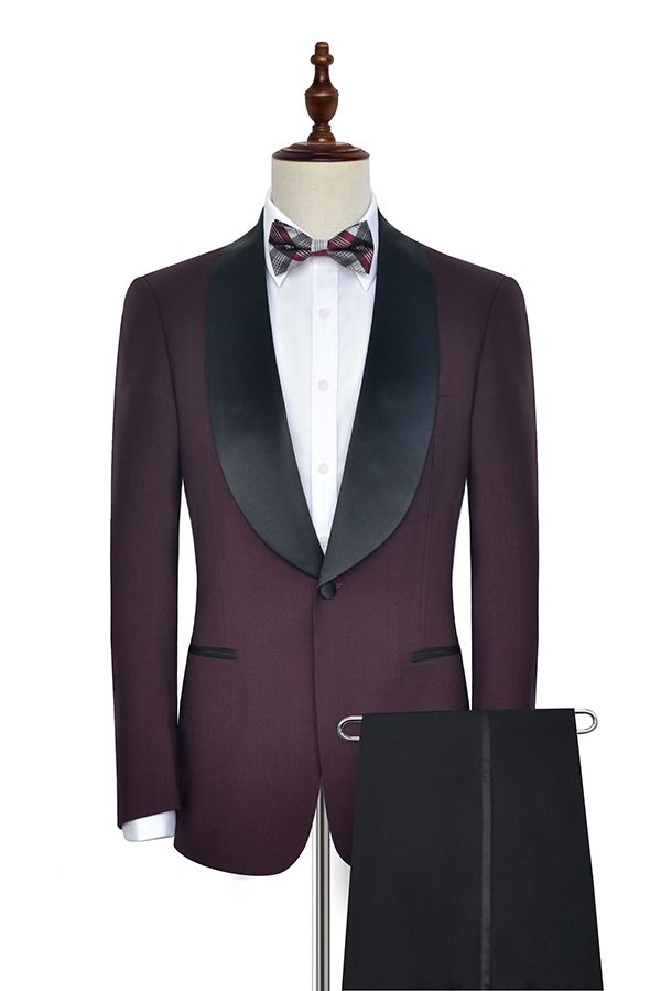 Luxury Black Shawl Collar One Button Burgundy Wedding Suit for Men-BallBride