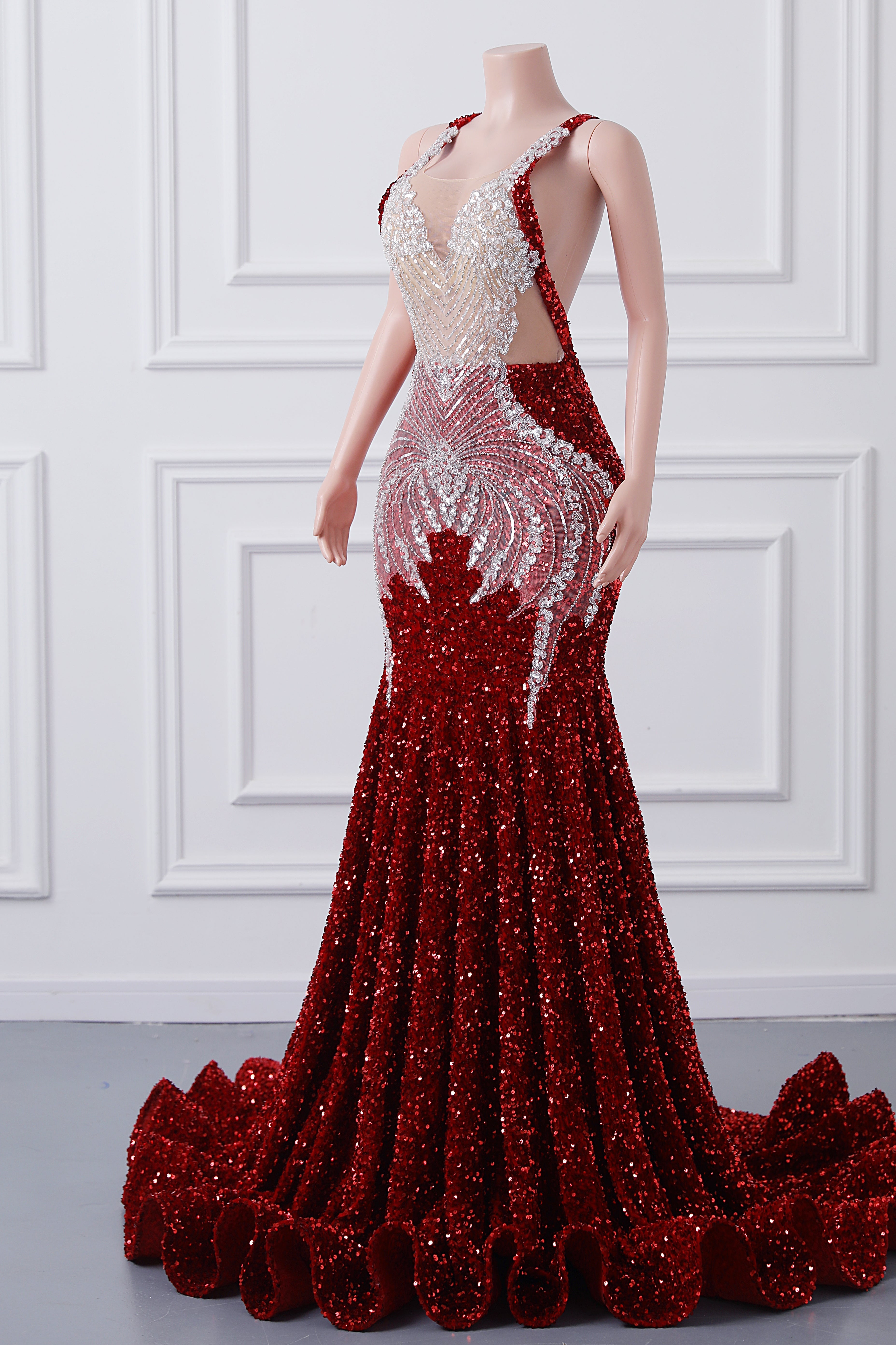 Luxury Burgundy Sequin Mermaid Silver Beaded Court Trian Criss Cross Prom Dresses-BallBride