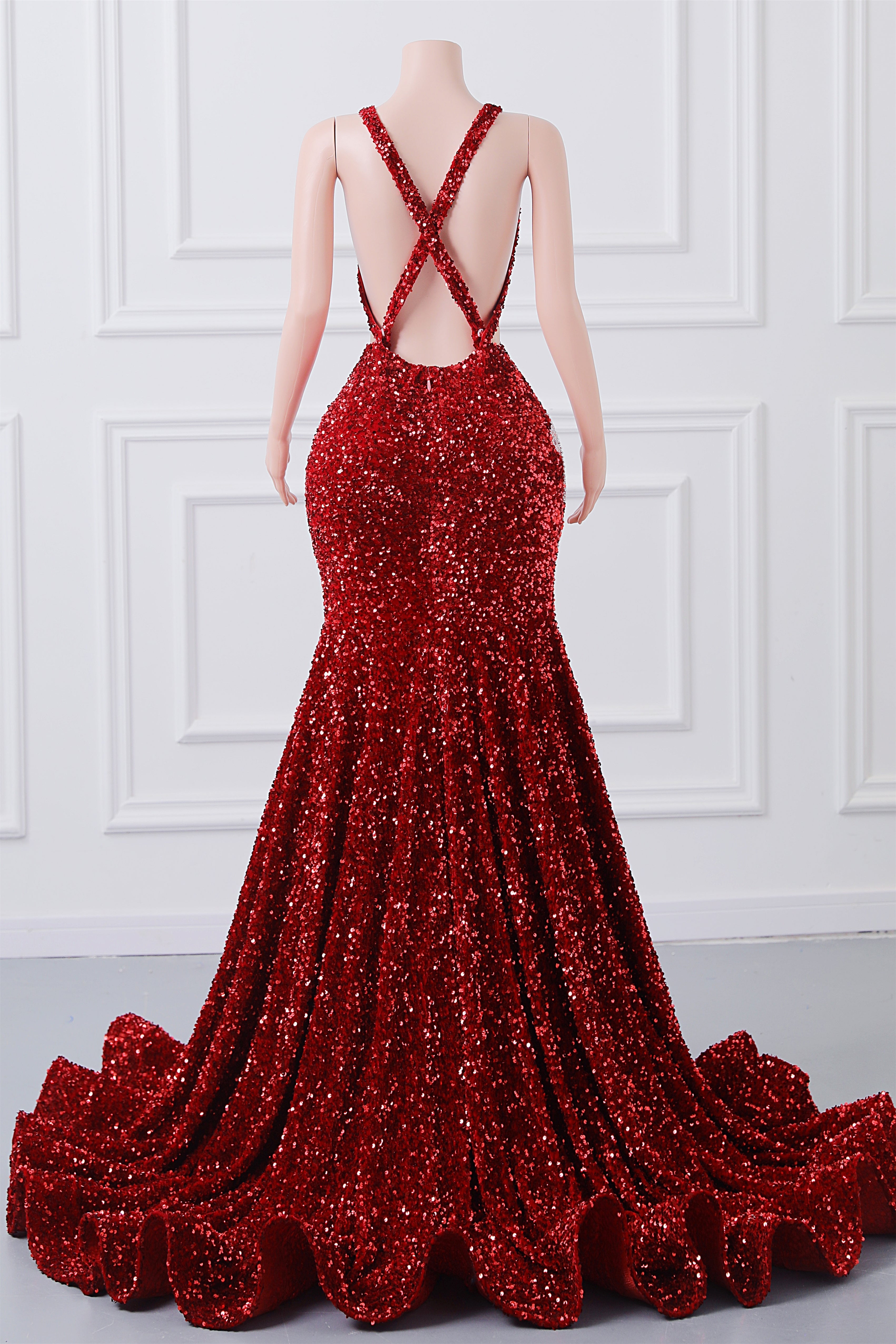 Luxury Burgundy Sequin Mermaid Silver Beaded Court Trian Criss Cross Prom Dresses-BallBride