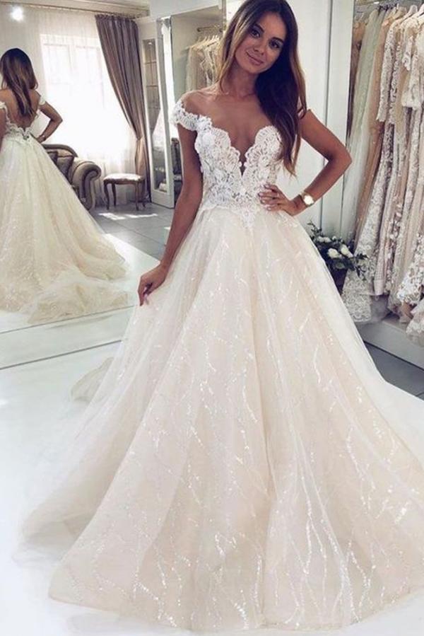 Luxury Long A-line Tulle Open Back Wedding Dress With Off-the-shoulder-BallBride