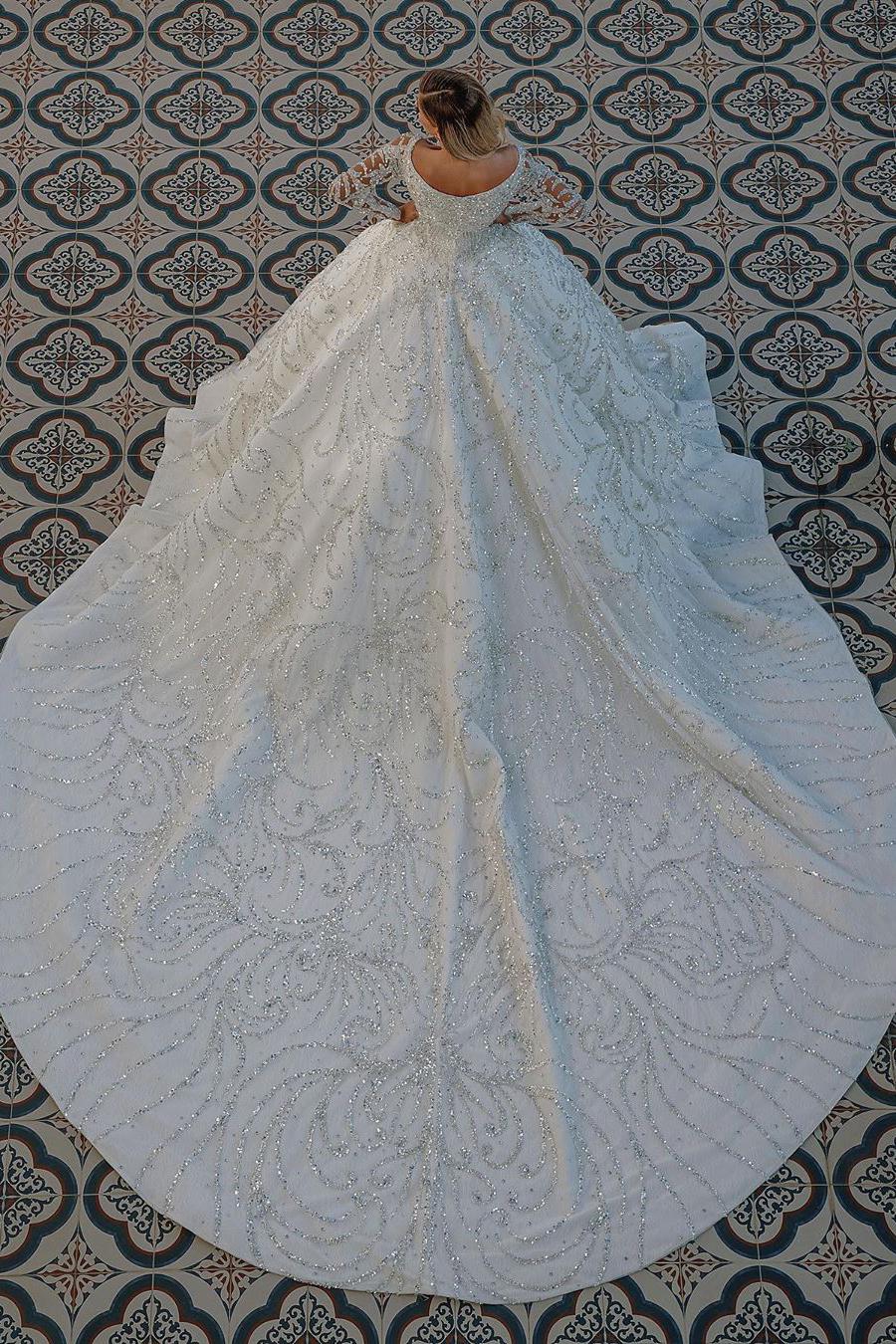 Luxury Long Ball Gown Satin Off-The-Shoulder Backless Wedding Dress with Crystal Sequins-BallBride