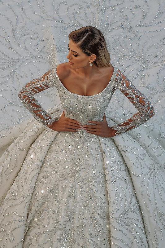 Luxury Long Ball Gown Satin Off-The-Shoulder Backless Wedding Dress with Crystal Sequins-BallBride