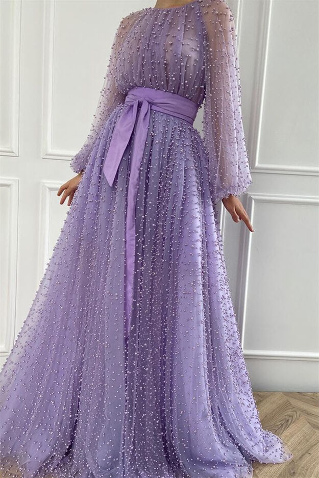 Mermaid Beadings Jewel Evening Dress With Belt and Pearls - Lilac-BallBride