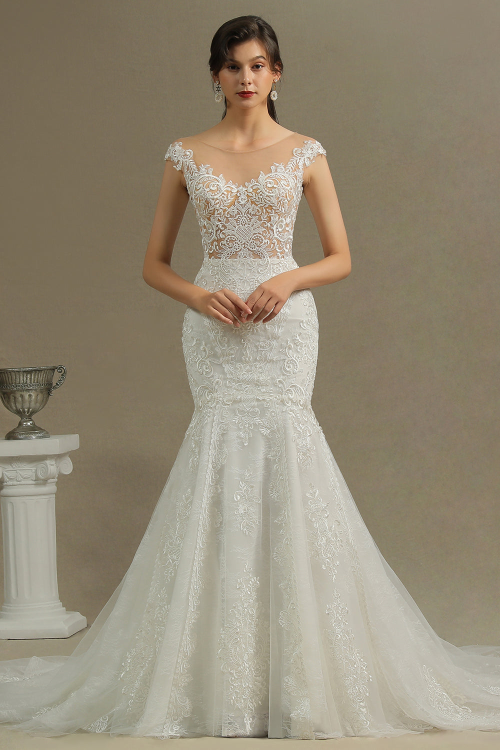 Mermaid Cap Sleeve Sheer Wedding Dress with Tulle Appliques-BallBride