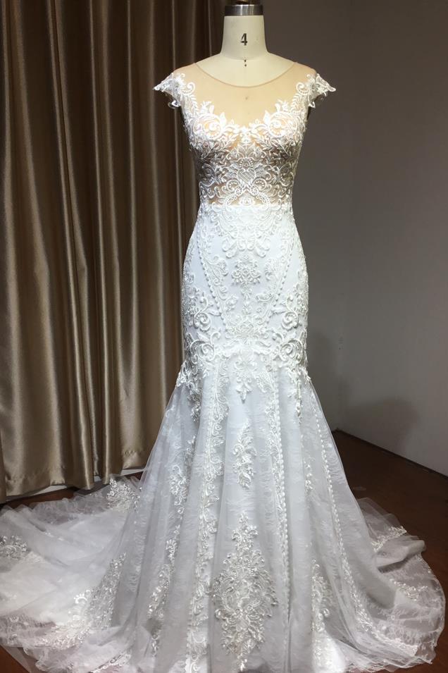 Mermaid Cap Sleeve Sheer Wedding Dress with Tulle Appliques-BallBride