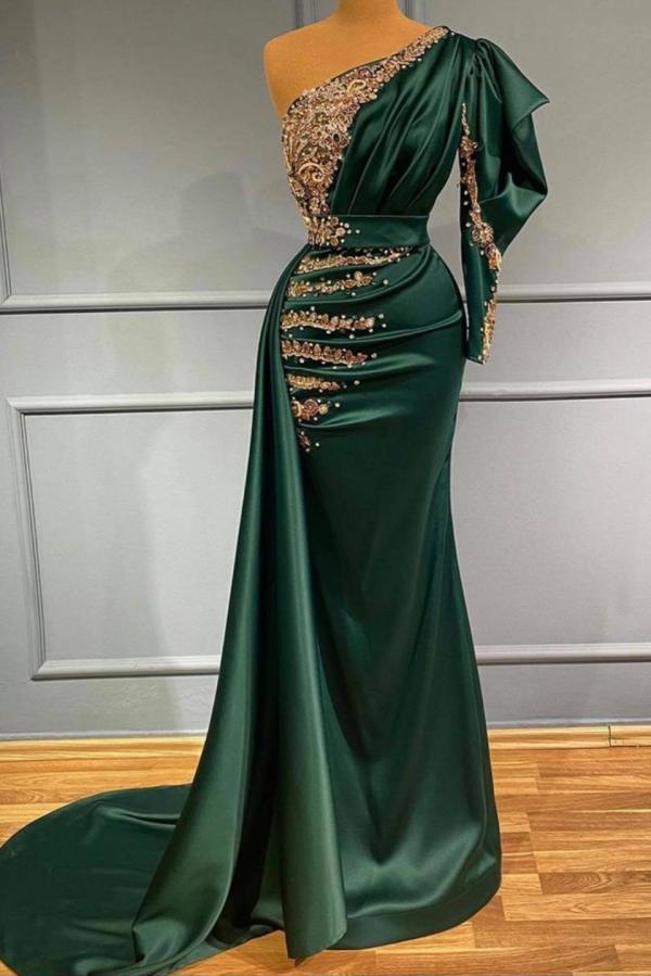 Mermaid Dark Green One Shoulder Prom Dress-BallBride