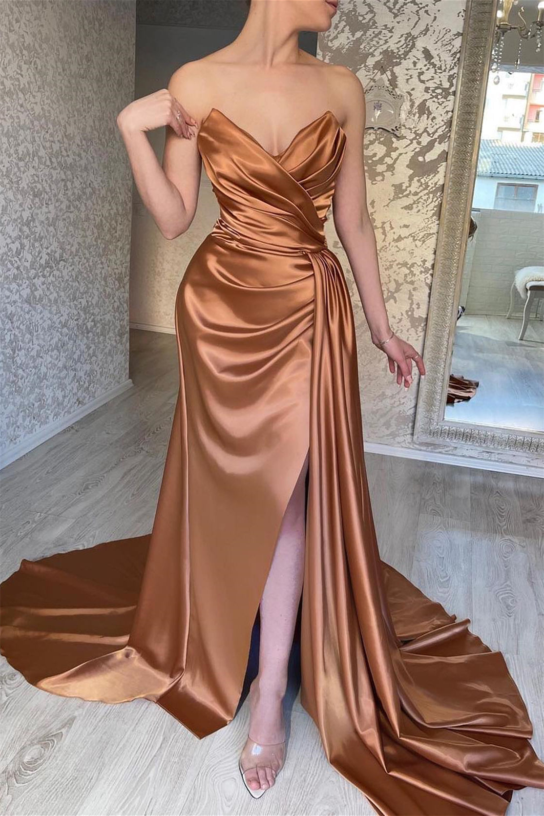 Mermaid Evening Dress Slit Pleated with Ruffles - Amazing Sweetheart-BallBride