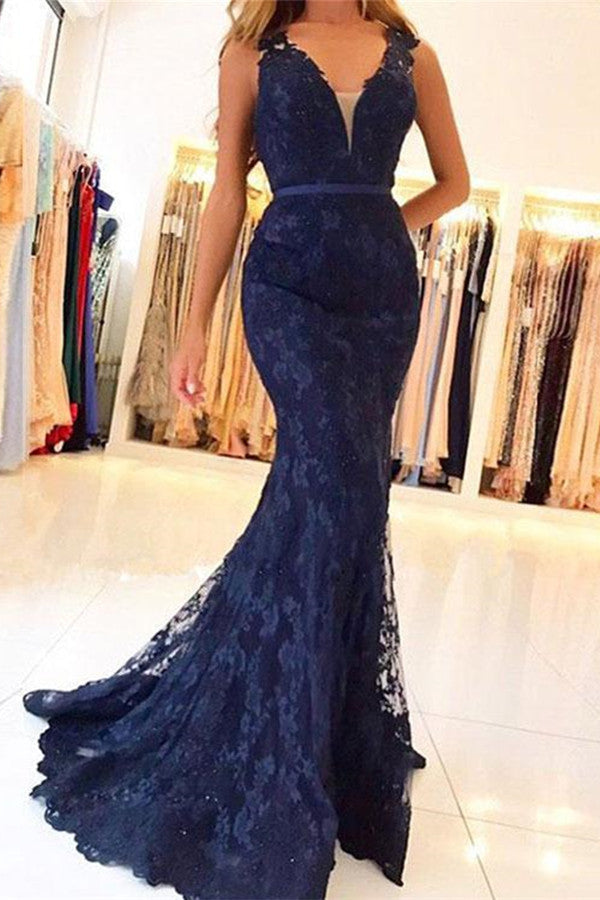 Mermaid Evening Gowns - Classic Dark Navy With Lace Appliques & Zipper Button Back-BallBride