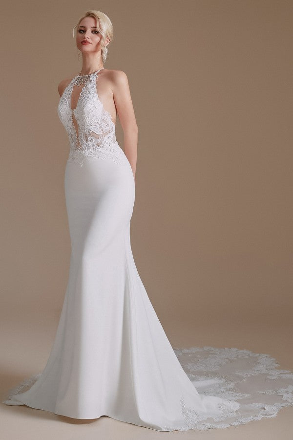 Mermaid Halter Backless Satin Wedding Dress with Appliques Lace-BallBride