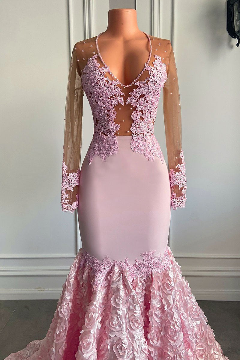 Mermaid Lace Appliques Prom Dress - New Arrival Pink Long Sleeves With Flowers-BallBride