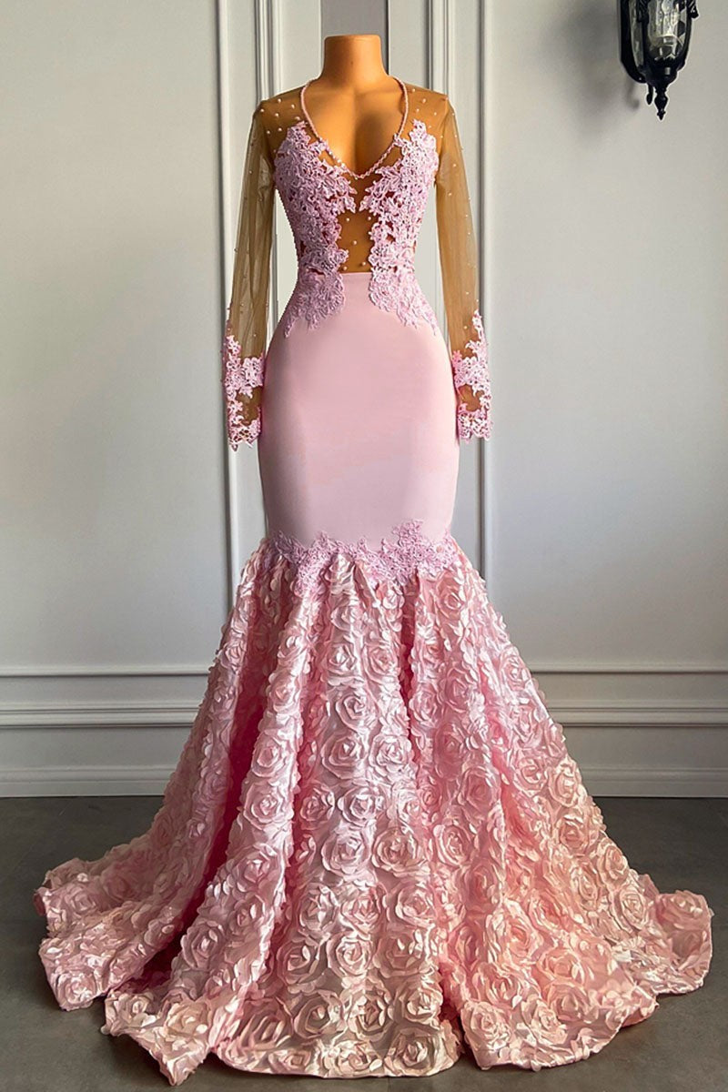 Mermaid Lace Appliques Prom Dress - New Arrival Pink Long Sleeves With Flowers-BallBride