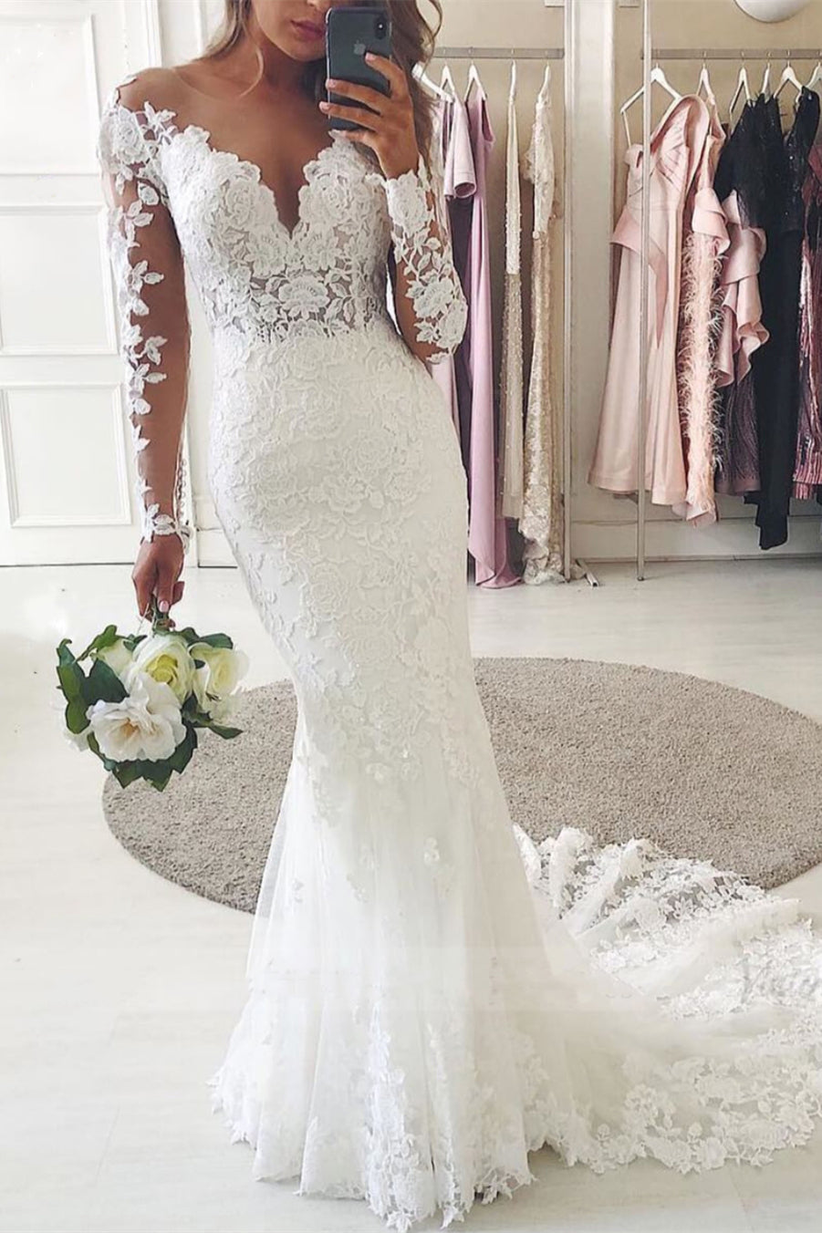 Mermaid Lace Sweetheart Long Sleeves Wedding Dress-BallBride