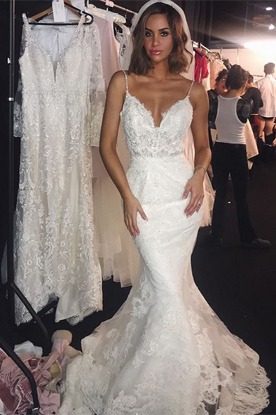 Mermaid Lace Wedding Dress On Sale with Charming Spaghetti-Straps and Appliques-BallBride