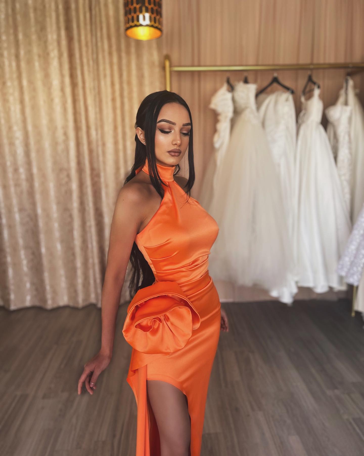 Mermaid Long Chic Orange High Neck Prom Dress with Split Sleeveless-BallBride