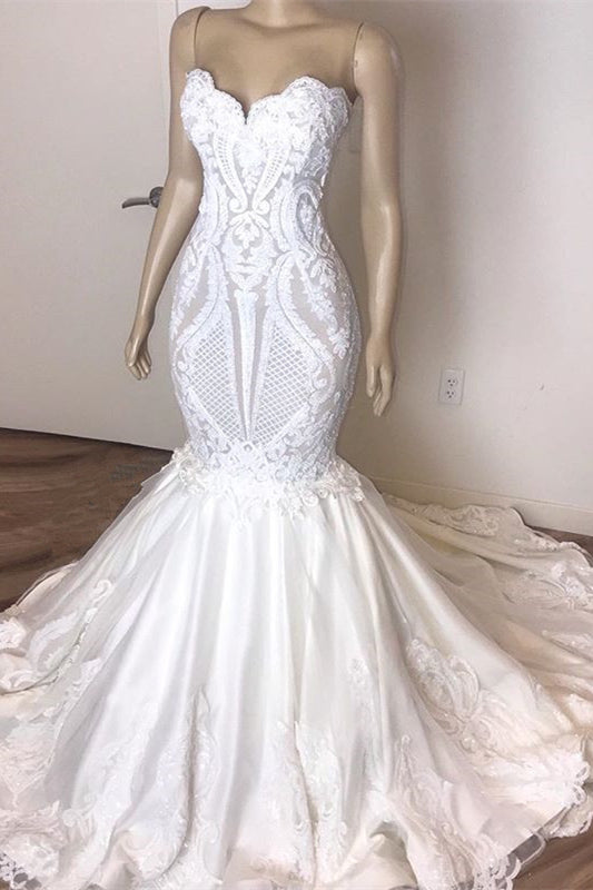 Mermaid Long Sweetheart Wedding Dress with Lace Appliques-BallBride