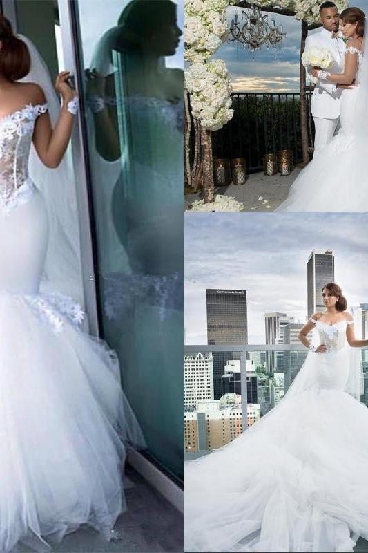 Mermaid Off-the-Shoulder Lace Appliques Wedding Dress-BallBride
