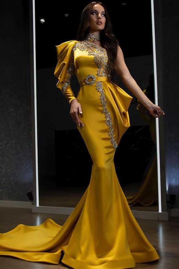 Mermaid One Shoulder Evening Dress With Beadings Halter in Yellow-BallBride