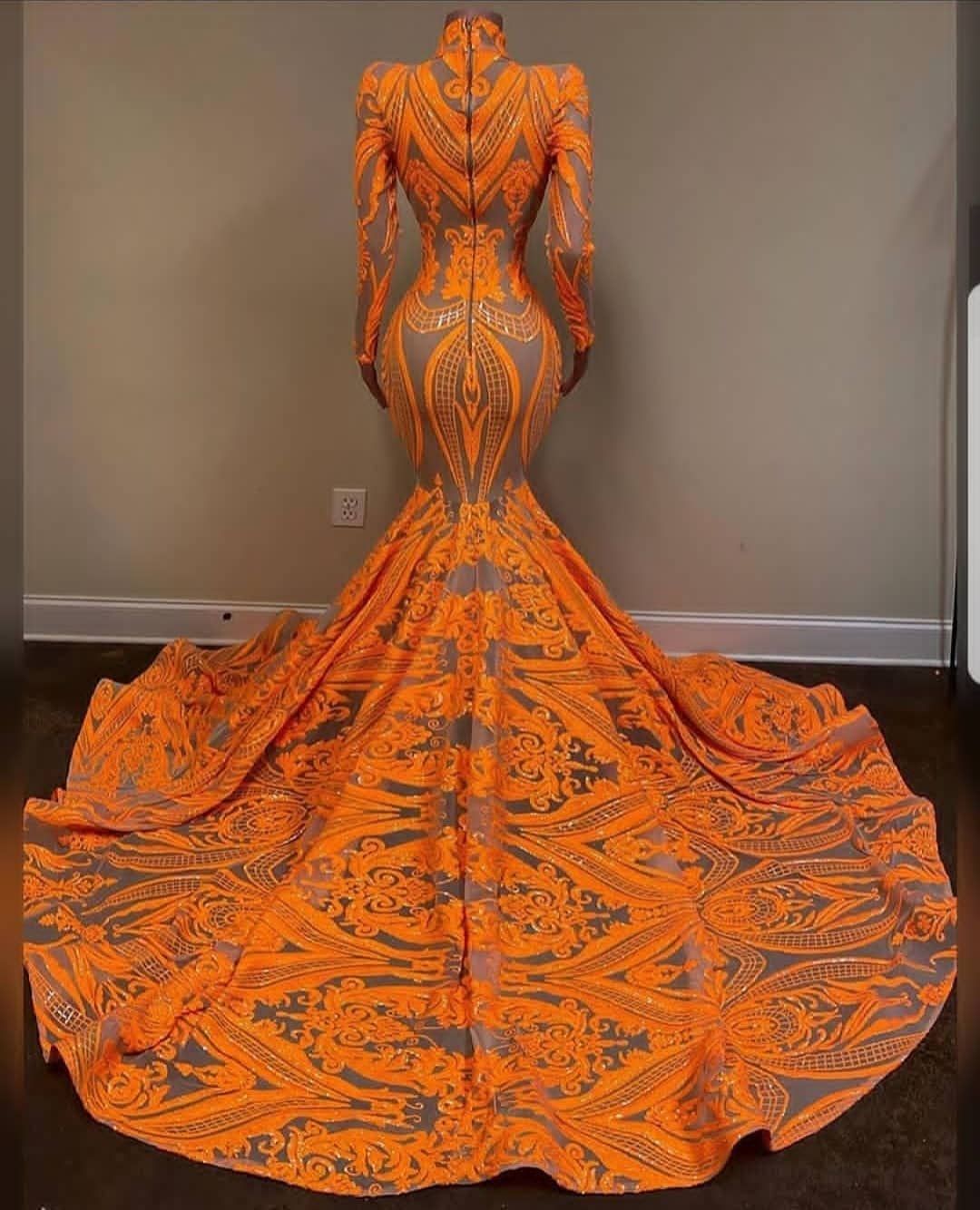 Mermaid Orange Long Sleeves Prom Dress with Sequins and Lace-BallBride