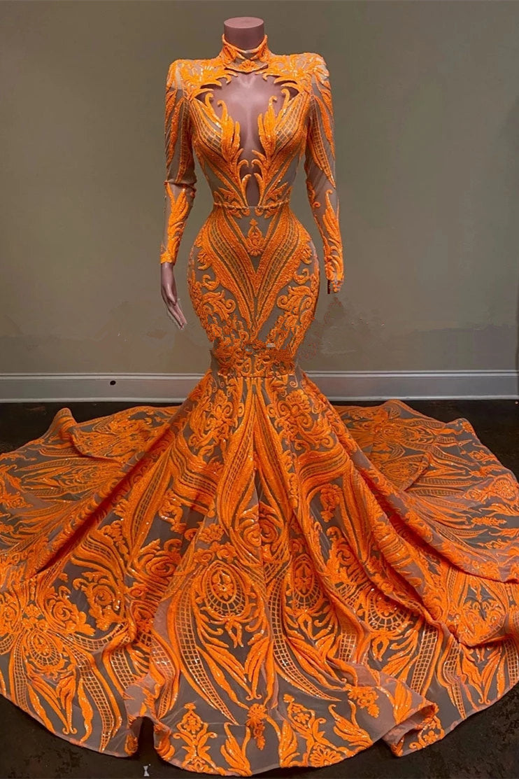 Mermaid Orange Long Sleeves Prom Dress with Sequins and Lace-BallBride