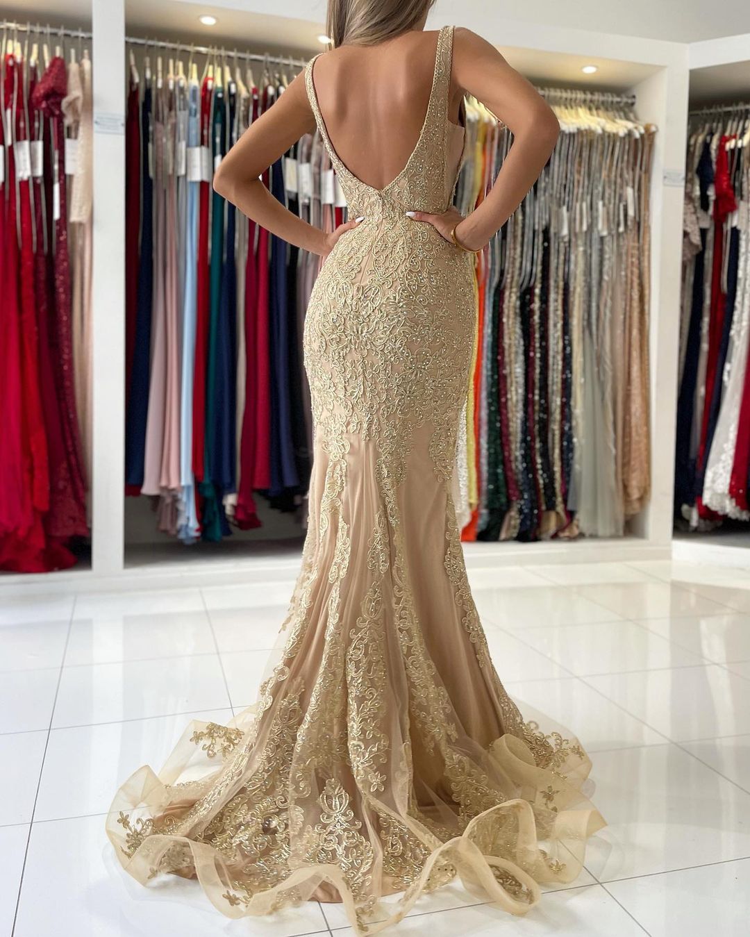Mermaid Prom Dress - Amazing Gold Appliques & Long Sleeves-BallBride