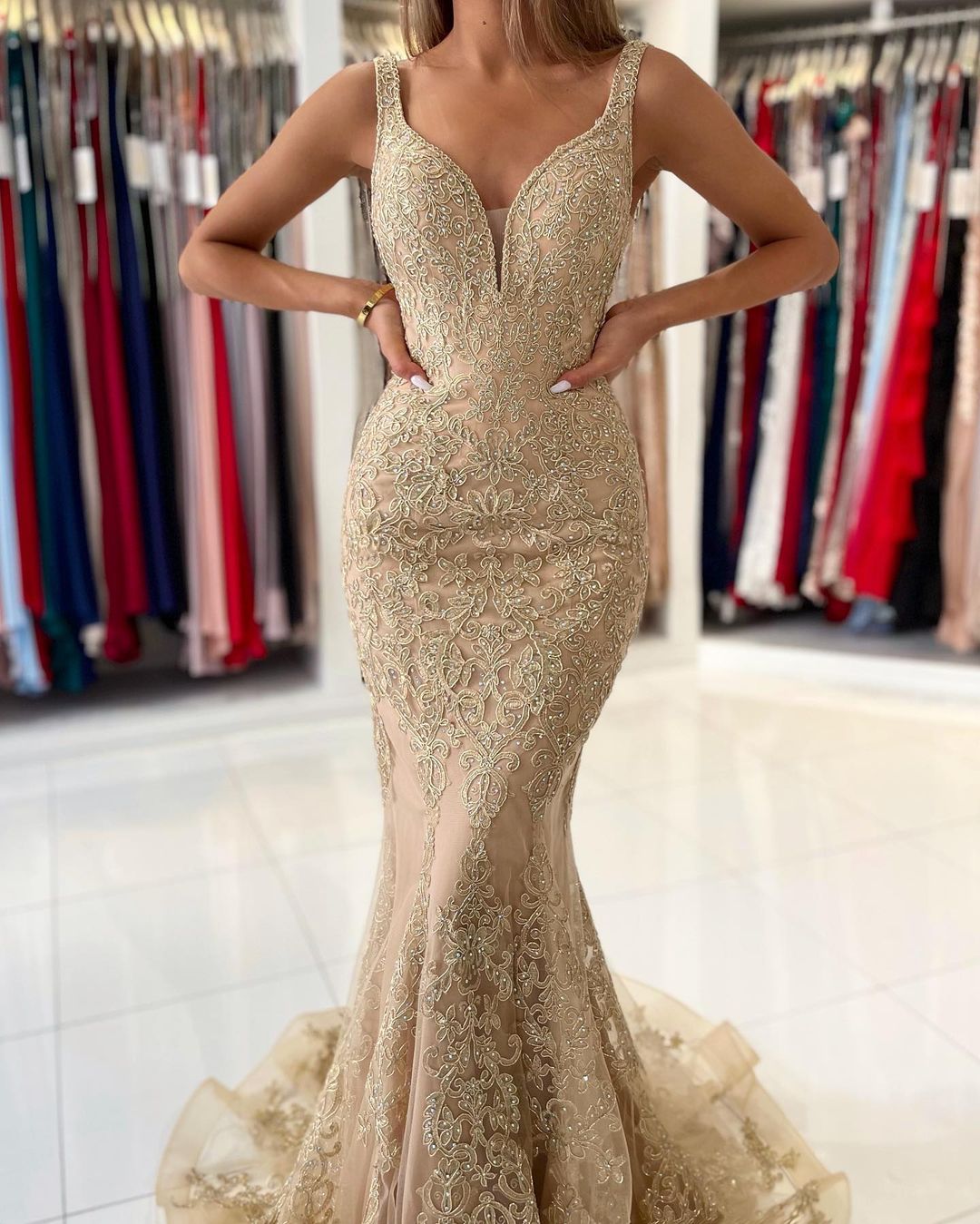 Mermaid Prom Dress - Amazing Gold Appliques & Long Sleeves-BallBride