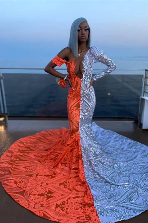 Mermaid Prom Dress ¨C Modern Off-The-Shoulder Long Sleeve with Sequins-BallBride