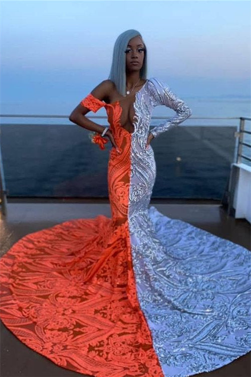 Mermaid Prom Dress ¨C Modern Off-The-Shoulder Long Sleeve with Sequins-BallBride