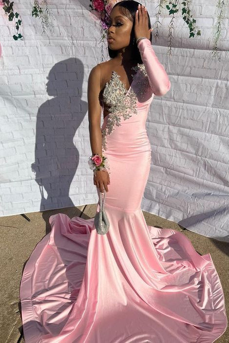 Mermaid Prom Dress with Appliques and Waist-Skimming Pink One Sleeves-BallBride