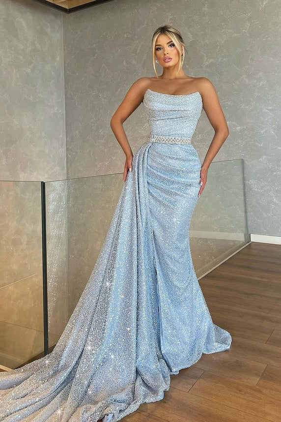 Mermaid Prom Dress with Baby Blue Beadings and Sequins - Strapless Sleeveless-BallBride