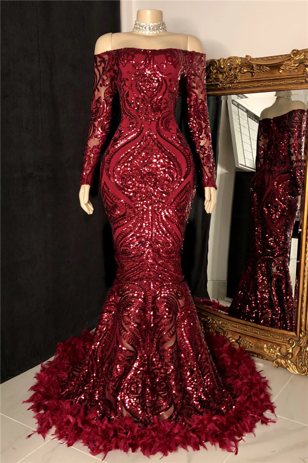 Mermaid Prom Dress with Burgundy Sequins and Feather Long Sleeves-BallBride