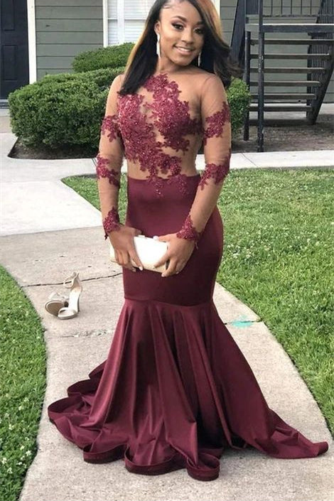 Mermaid Prom Dress with Fabulous Burgundy Long Sleeves & Lace Appliques-BallBride