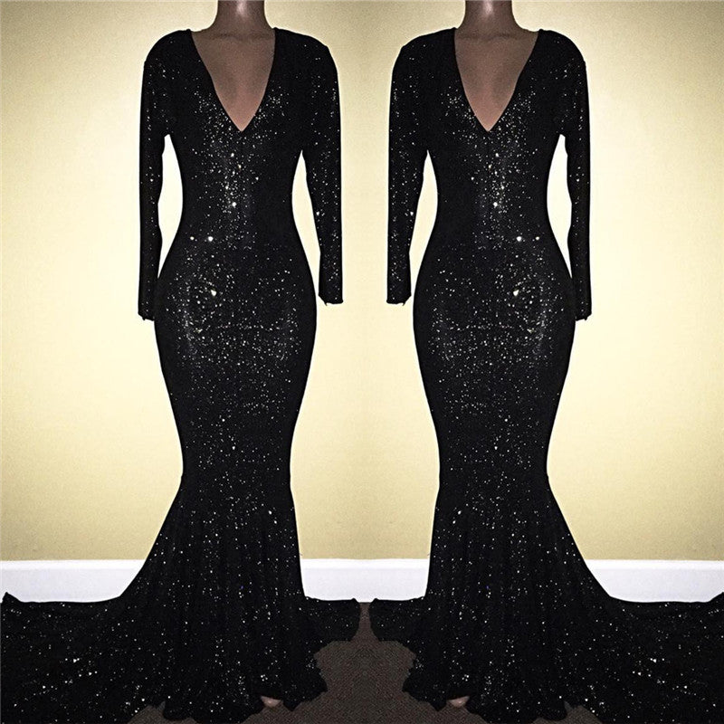 Mermaid Prom Dress with Long Sleeves & V-Neck - Black with Sequins-BallBride