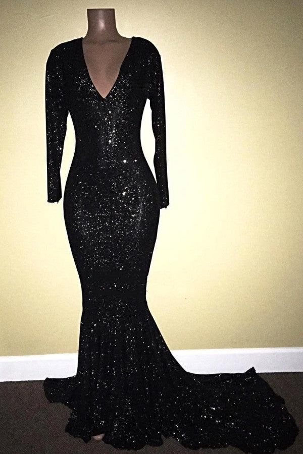Mermaid Prom Dress with Long Sleeves & V-Neck - Black with Sequins-BallBride