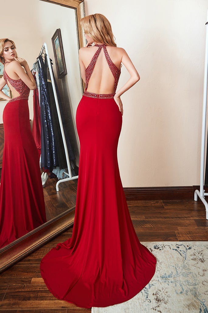 Mermaid Prom Dress with Red Beadings Halter-BallBride