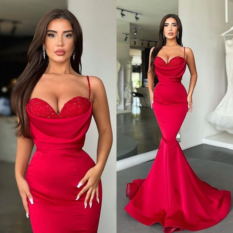 Mermaid Red Spaghetti-Straps Prom Dress Long-BallBride