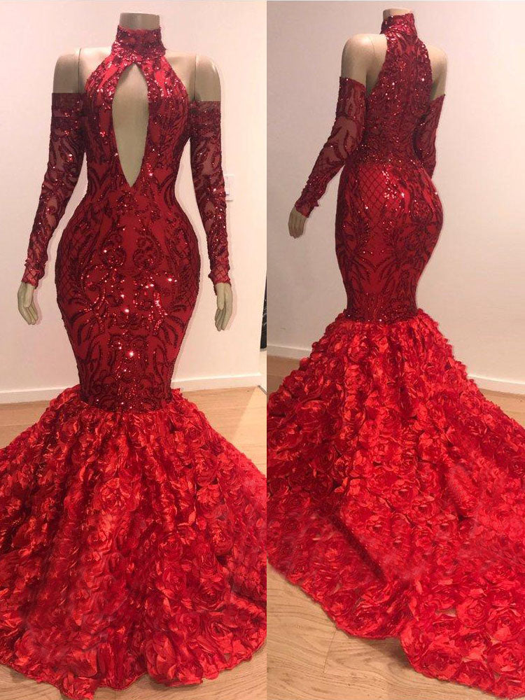 Mermaid Sequins Long Sleeves High Collar Burgundy Prom Dress-BallBride