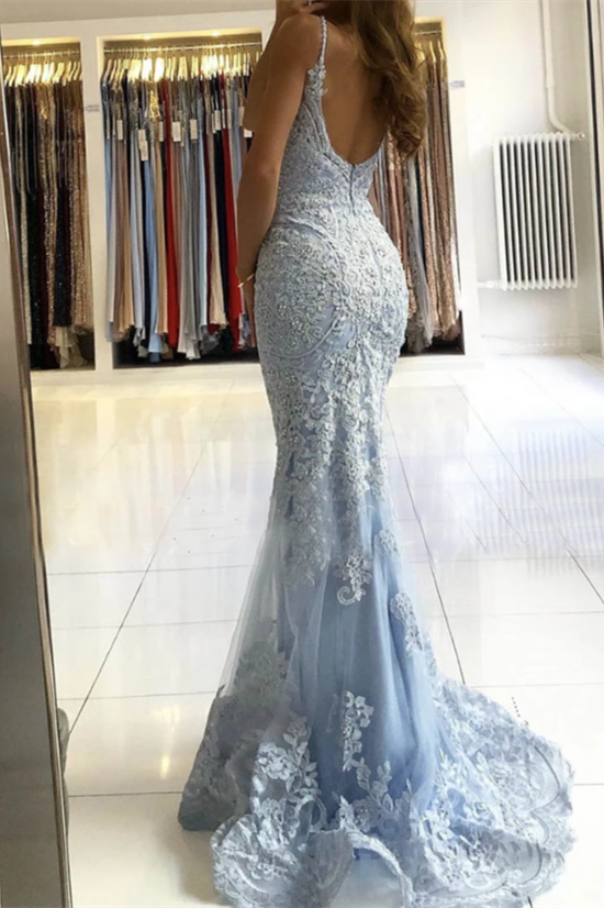 Mermaid Sky Blue Evening Dress with Spaghetti-Straps-BallBride