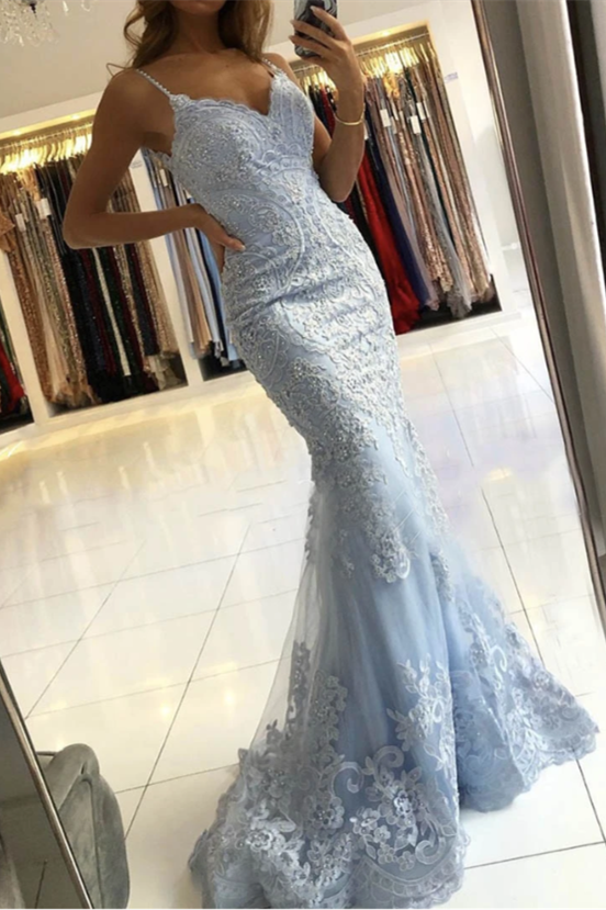 Mermaid Sky Blue Evening Dress with Spaghetti-Straps-BallBride