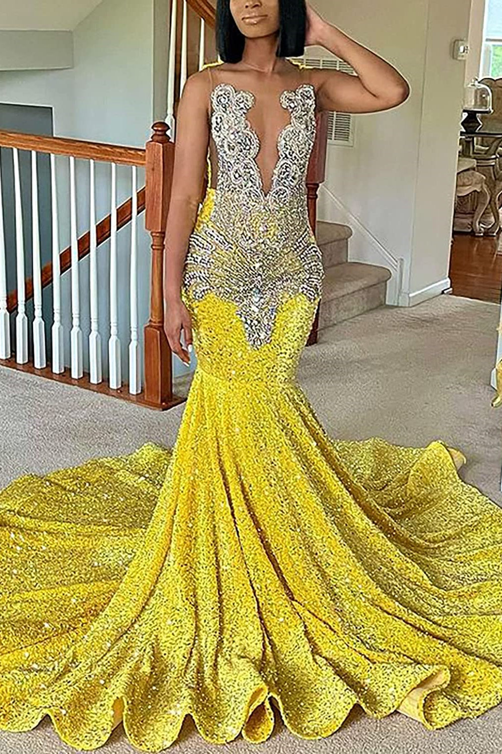 Mermaid Sleeveless Prom Dress with Classic Yellow Sequins and Crystal-BallBride