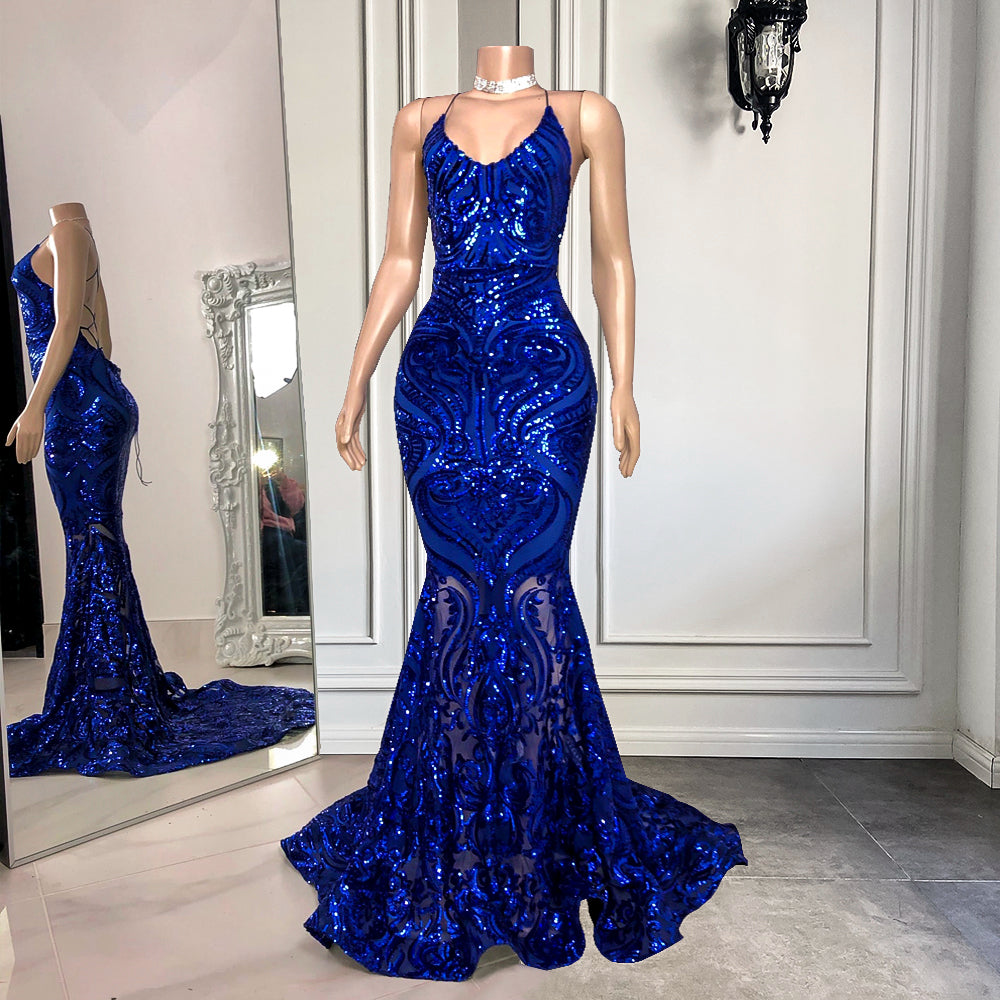 Mermaid Spaghetti-Straps Royal Blue Long Prom Dress with Sequins-BallBride