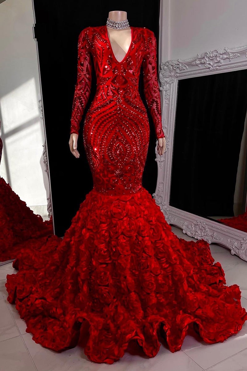 Mermaid V-Neck Prom Dress with Long Sleeves and Sequins Flowers-BallBride