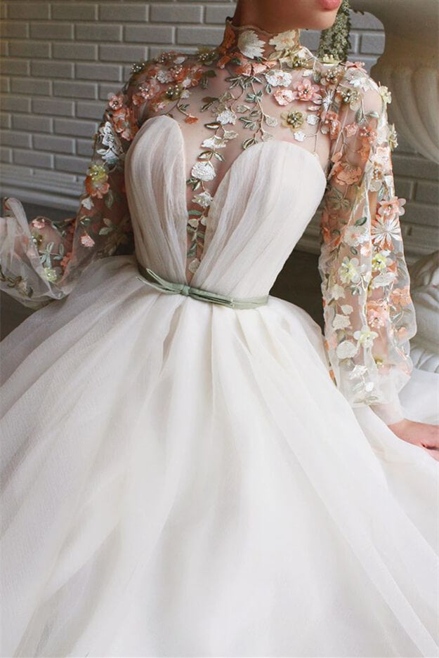 Mermaid White Evening Dress with Flower Split High Collar Long Sleeves-BallBride