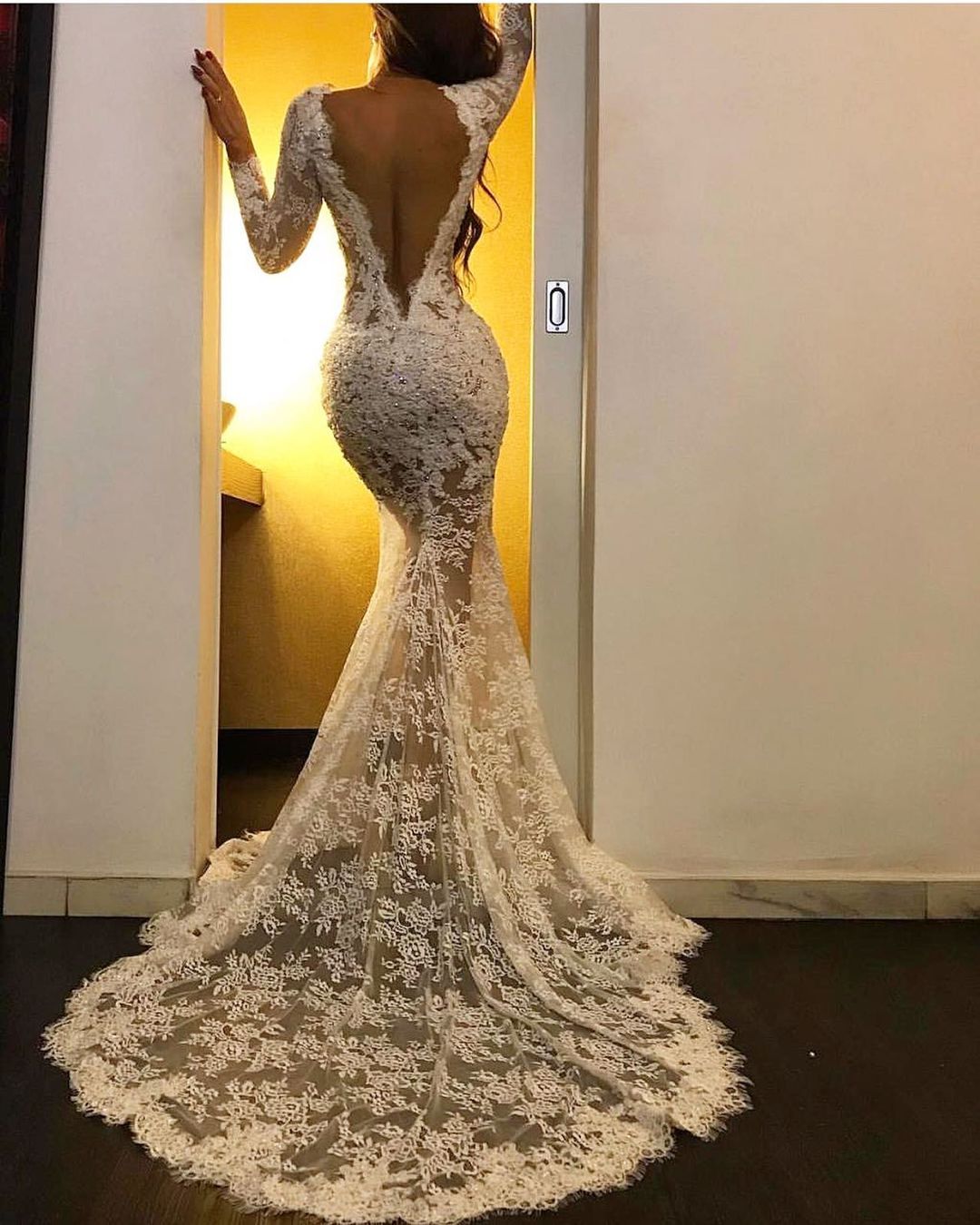 Mermaid White Lace Long Sleeves Prom Dress With Slit-BallBride