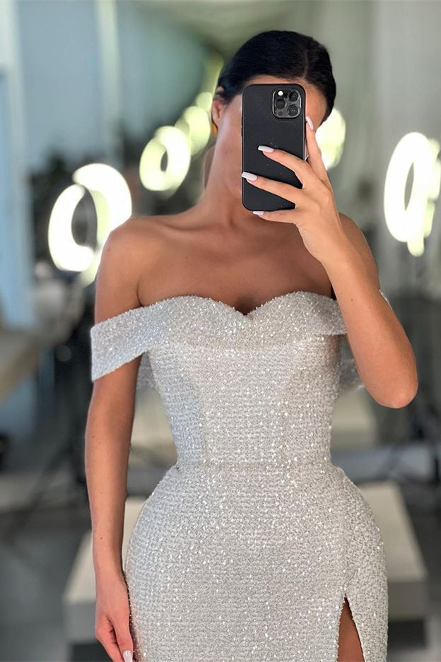 Mermaid White Off-the-Shoulder Sequins Slit Prom Dress-BallBride
