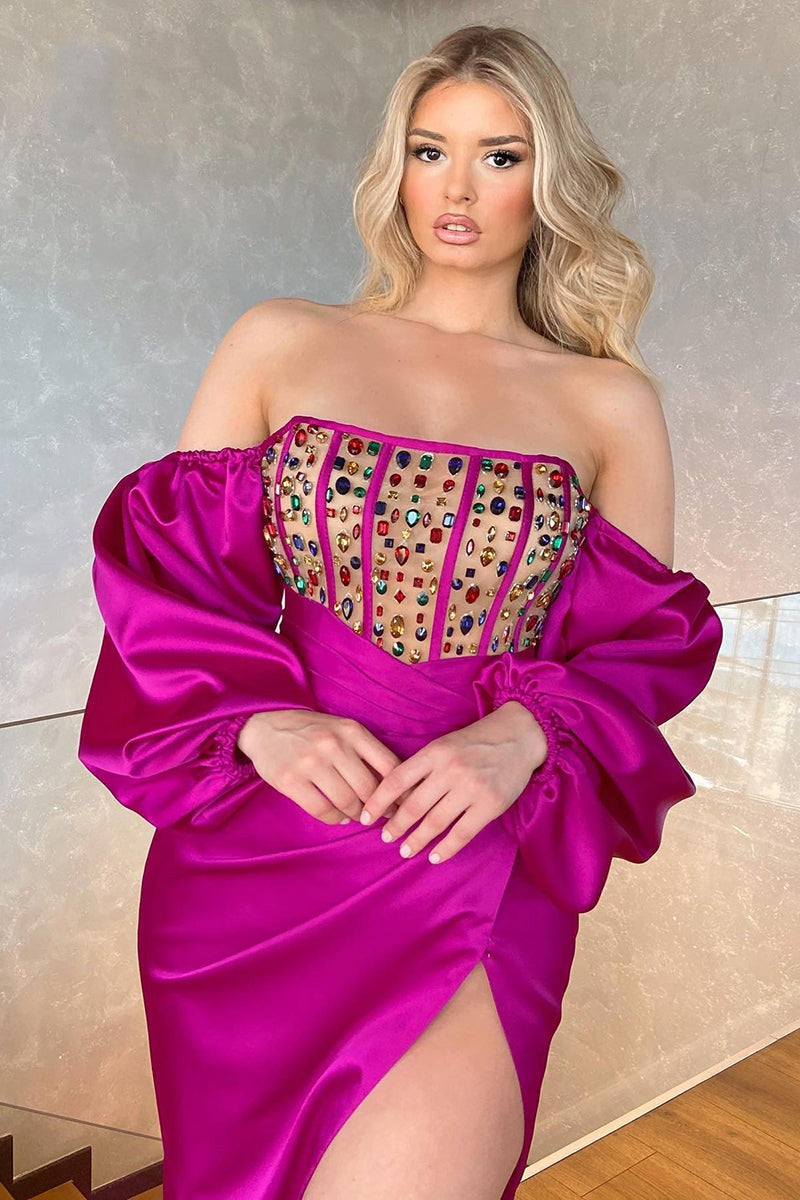 Mesmerizing Hot Pink Long Sleeve Mermaid Prom Dress with Off-the-Shoulder Split and Crystals-BallBride
